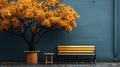 The bench is on a tree with fallen leaves. An empty park bench under an orange tree in the fall Royalty Free Stock Photo