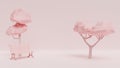 Bench and two trees isolated on a pink background - monocrome 3D rendering