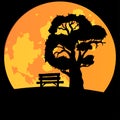 Bench under a tree against the backdrop of a huge moon