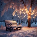 bench under tree with christmas lights in winter park Royalty Free Stock Photo