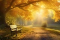 A bench under a yellow tree by a path in tranquil autumn park lit by warm sunbeams. Generative AI illustration