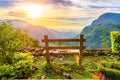 A bench with a view of the beautiful mountain valley at dawn. Ella, Sri Lanka