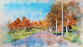 Bench on walkway in autumn park watercolor sketch Royalty Free Stock Photo