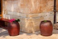 Bench and wine bowls with flowers near the Cana greek orthodox wedding church in Cana of Galilee, Kfar Kana