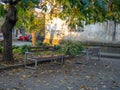 Benches in the autumn yard. Fallen leaves on the pavement. autumn in the south. empty benches Royalty Free Stock Photo