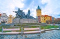 The benches in front of Jan Hus Memorial, Old Town Square, Prague, Czech Republic Royalty Free Stock Photo