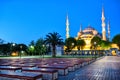 Benches in front of Mosque of Sultan Ahmet (Blue Mosque) Royalty Free Stock Photo