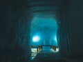 benches inside ice cave in the Langjokull glacier