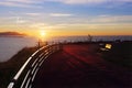 Benches in La Galea park in Getxo at sunset