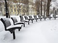Benches near Trees and Yellow Building in Winter Royalty Free Stock Photo