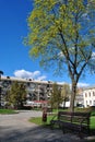 Benches in the park with green lawns, buildings Music college and apartment, office buildings on the background