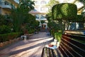 Benches at the pavement with ornamental trees in the exterior of the Bella Vista Resort in Hurghada.