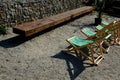 Benches and seats, beach-type fabric chairs. tables where it is possible to have coffee on the sun. soft colored postmen soften si Royalty Free Stock Photo