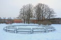 Benches standing around, covered with snow