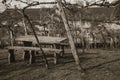 Benches and stone table amid a vineyard Royalty Free Stock Photo