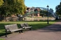 Benches by Suspension bridge at Bedford. Royalty Free Stock Photo