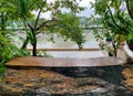 Benches under beautiful shady trees along the river in the park