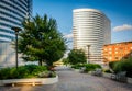 Benches and walkway at Freedom Park, and modern buildings in Rosslyn, Arlington, Virginia. Royalty Free Stock Photo
