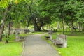 Benches beside the walkway at the park Royalty Free Stock Photo