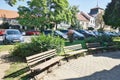 Benches in Zupna ulica street in Zlate Moravce town Royalty Free Stock Photo