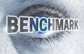 Benchmark eye with matrix looks at viewer concept