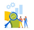 Benchmark Rate Scale Growth Concept. Tiny Business Characters With Magnifier Look On Huge Scale. Business Comparison