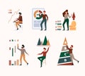 Benchmark. Stylized characters with marketing graph company strategy compare business diagram garish vector flat