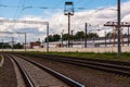 Bend in the railway tracks in the factory district Royalty Free Stock Photo