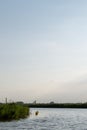 A bend in a river, with yellow buoys and a distant sailing boat