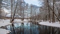 Bend Of River In Winter. Snow-covered Shores And Trees Without Leaves. Calmness. Clear Winter Day