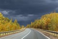 Bend road with yellow autumn forest and dark gray sky.Bright beautiful landscape with a road. Royalty Free Stock Photo