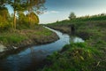 A bend in a small river and a green bank