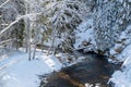 The bend of a small river in winter. A lot of snow. March in Latvia. Royalty Free Stock Photo
