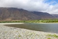 The bend of the Sob river at the foot of the Rai-Iz mountain range. Polar Urals, Yamal