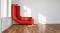 bended red Sofa bent to wall as a solution to space problem in a too small space