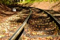 bending steel train railway. narrow tracks. diminishing perspective. crashed stone underlay. green fall trees background Royalty Free Stock Photo