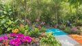 A vibrant, tropical garden with a yoga mat surrounded by colorful blooms.