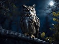 owl sitting on a tree branch at night with moon view Royalty Free Stock Photo