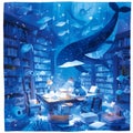 Aquatic Enlightenment - A Whimsical Underwater Library Scene