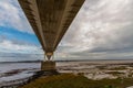 Underside of large road suspension bridge, with copyspace landscape Royalty Free Stock Photo