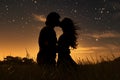 Beneath a sky of stars, two silhouetted bodies share a tender and romantic kiss (Generative AI) Royalty Free Stock Photo