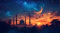 Beneath the starry night, a mosque and its minarets stand under the moon, Ramadan