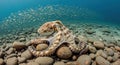 Beneath the Surface: An Octopus Nestled Among Coastal Rocks with a School of Fish. Royalty Free Stock Photo