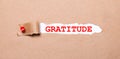 Beneath the torn strip of kraft paper attached with a red button is a white paper GRATITUDE