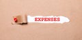 Beneath the torn strip of kraft paper attached with a red button is a white paper labeled EXPENSES Royalty Free Stock Photo