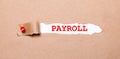 Beneath the torn strip of kraft paper attached with a red button is a white paper labeled PAYROLL