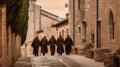 Benedictine monks walking in the streets of San Gimignano, Italy. Generative AI