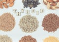 Beneficial eating for thyroid gland. Healthy ingredients as source vitamins and minerals. White background