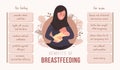 Benefits of breastfeeding for baby and mom. Infographic of advantages of breast milk. Young arab woman in hijab nursing