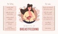 Benefits of breastfeeding for baby and mom. Infographic of advantages of breast milk. Young woman nursing newborn baby